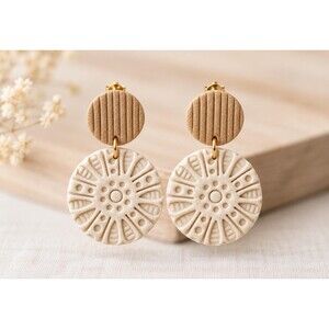 Neutral Beige Embossed Dangle Earrings, Boho Polymer Clay Statement Jewelry
